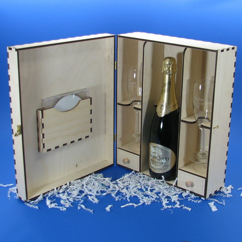 Wedding Champagne Box Set with 2 Keepsake Drawers and 2 Custom Etched Crystal Flutes image 5