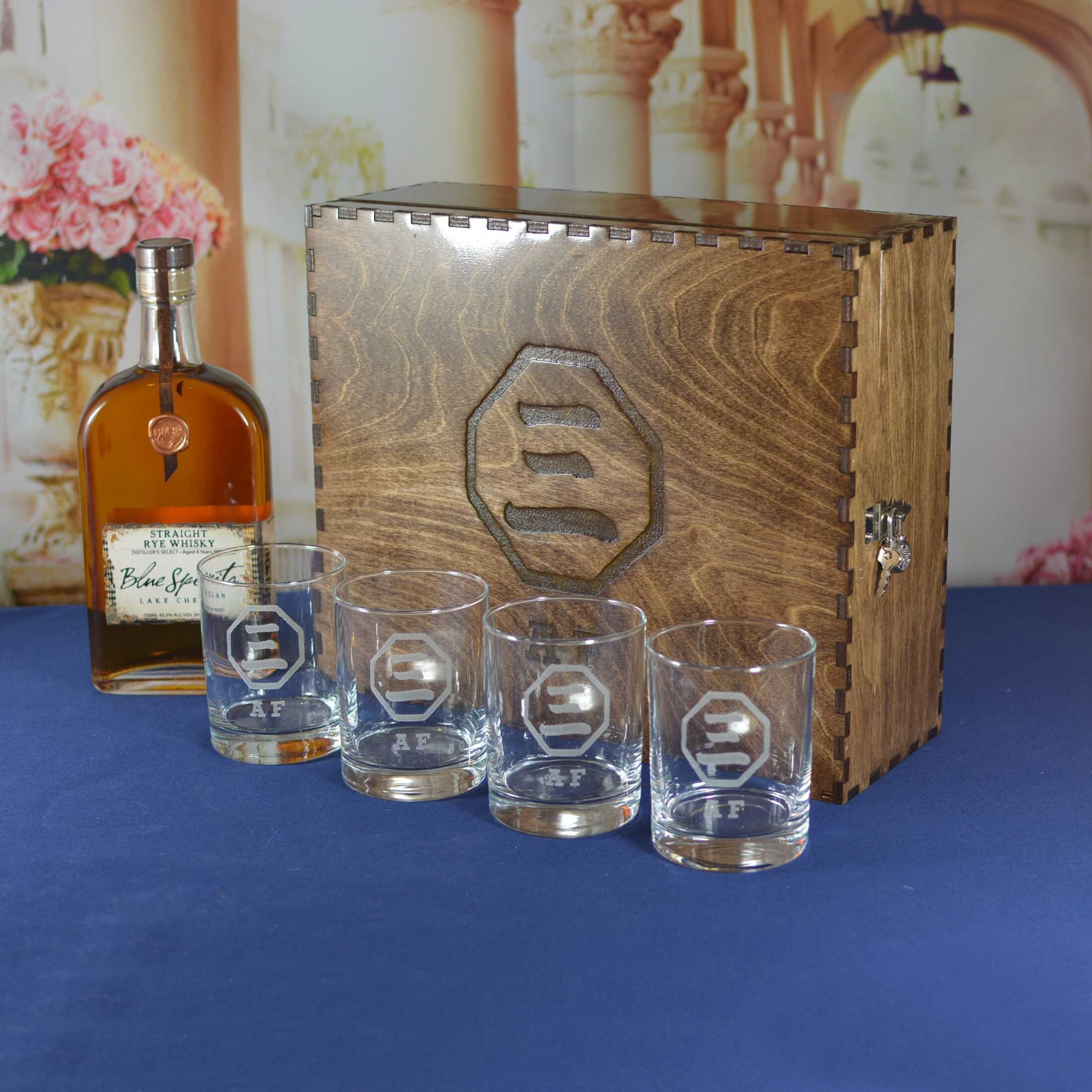 Personalized Whiskey Spirits Liquor Box with 4 Custom Etched Glasses