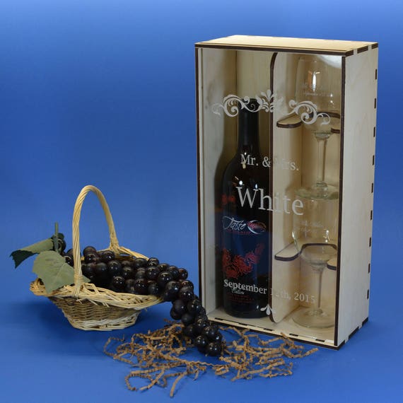 Engraved Wine Box with Clear Acrylic Front Cover and 2 Personalized Wine Glasses