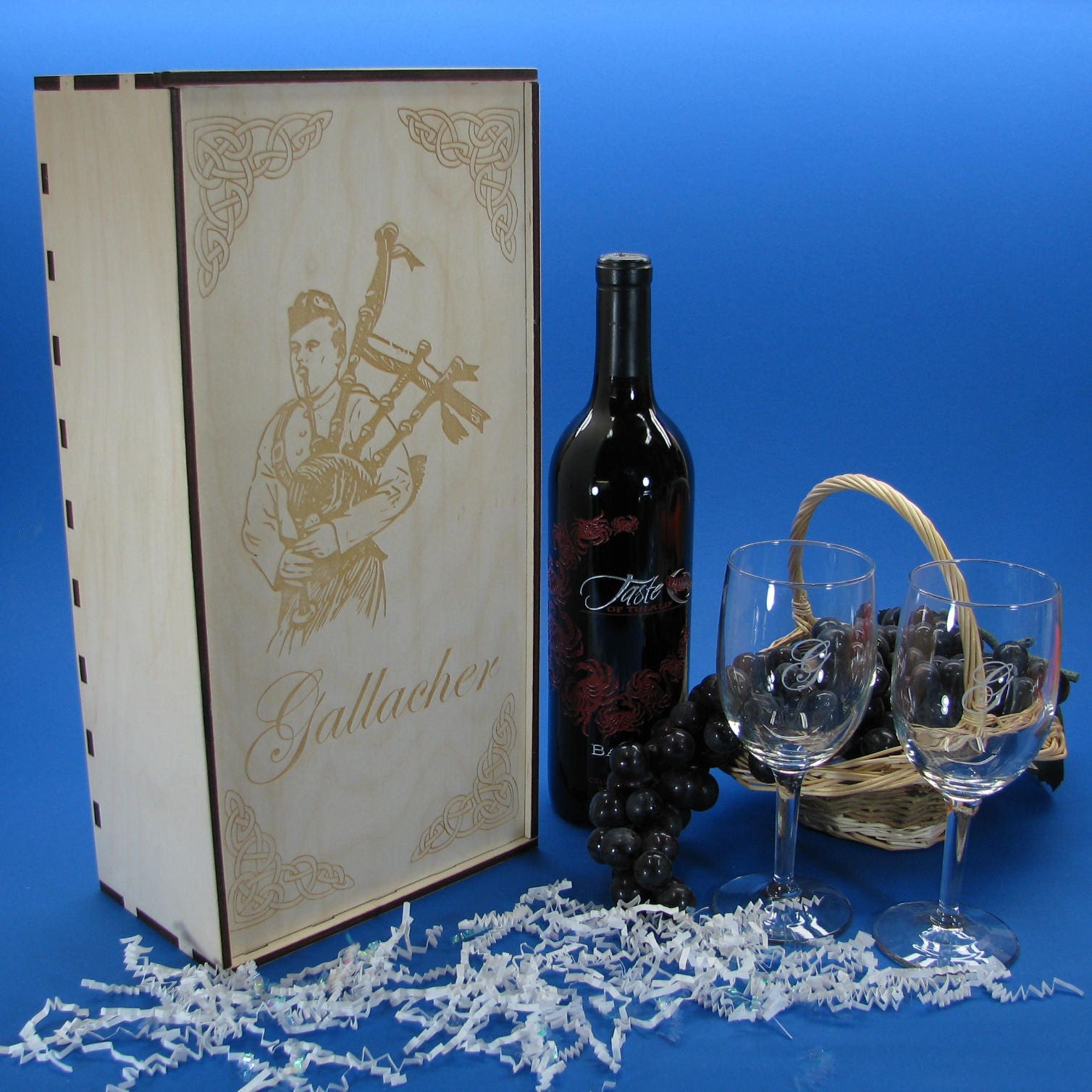 Personalized Wine Box with 2 Custom Wine Glasses