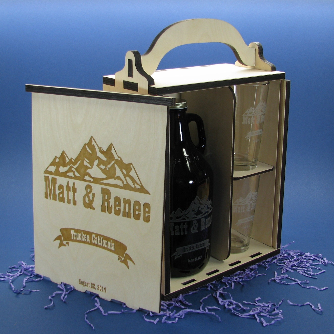 Personalized Wood Beer Growler Gift Box Set with 2 Pint or Belgian