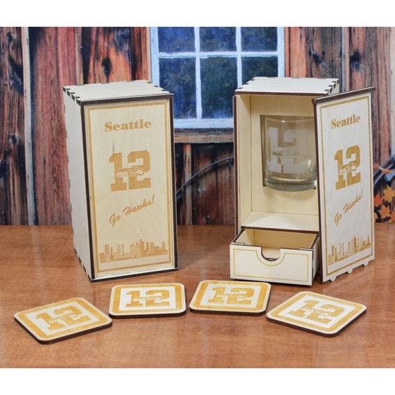 Personalized Wood Whiskey Glass Gift Box with 4 Coasters