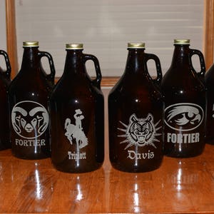 6 Pack of Personalized Amber Growlers 64 Oz. Use your artwork or design idea or our choices of graphic designs and add your personal message