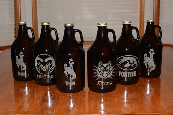 6 Pack of Personalized Amber Growlers 64 Oz. Use your artwork or design idea or our choices of graphic designs and add your personal message