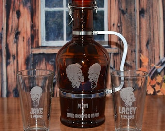 Personalized 2 Liter Grolsch Growler with 2 Pints or 2 Belgian Tulip Glasses