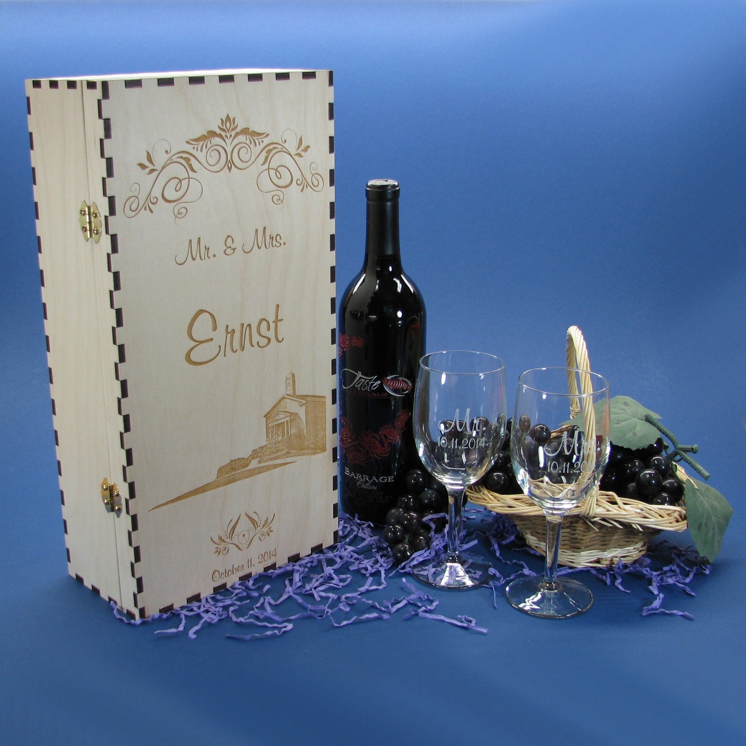 Personalized Wood Wine Gift Box with 2 Personalized Etched Wine Glasses