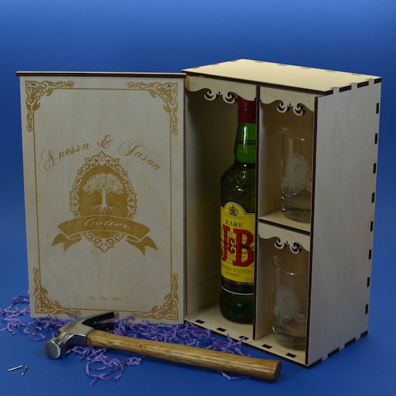 Personalized Wedding Ceremony Spirits Box with 2 Custom Etched Glasses