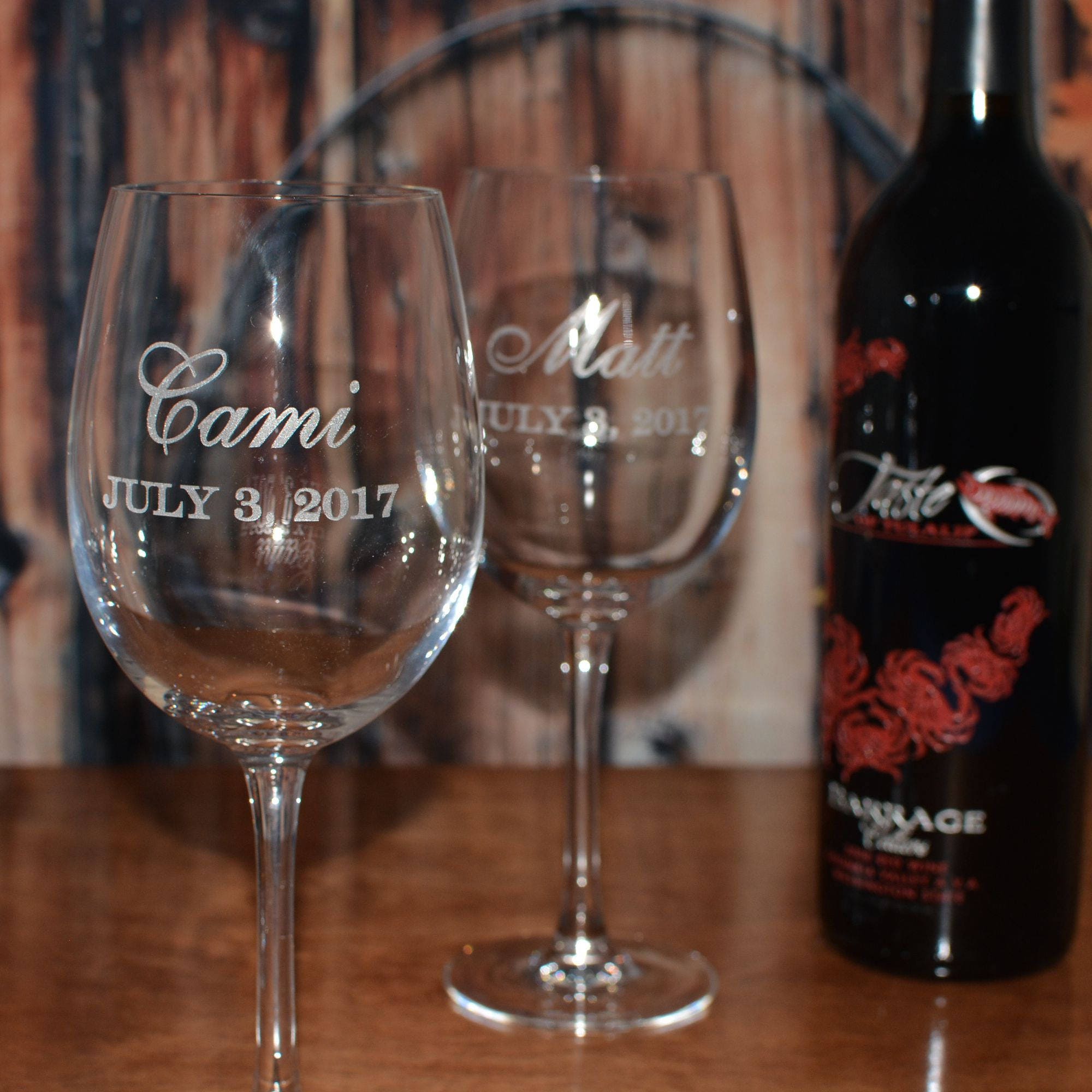 His & Hers Engraved Personalized Wine Glass Glasses Gift Set of 2  (Mustache, Lips) Valentine's Day Gift