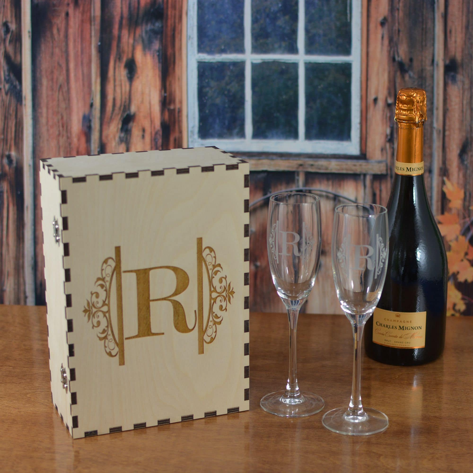 Wood Champagne Flute Gift Box with 2 Crystal Flutes Personalized by You