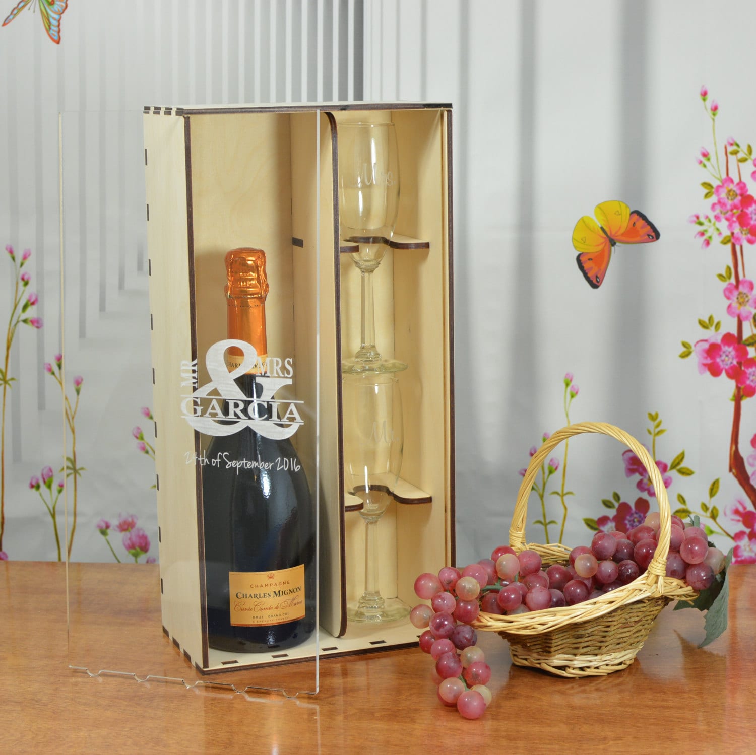 Champagne Gift Box with 2 Etched Flutes With Clear Acrylic Front