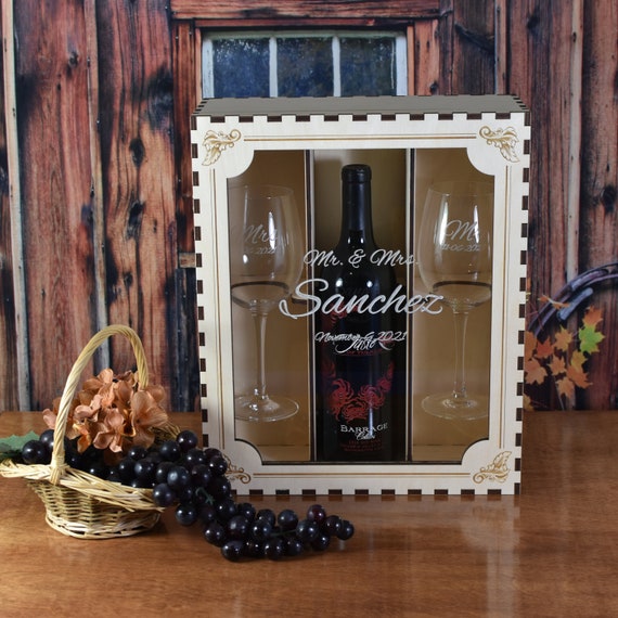 Personalized Wood Wine Box Set with Clear Acrylic Front Cover and 2 Personalized Crystal Wine Glasses