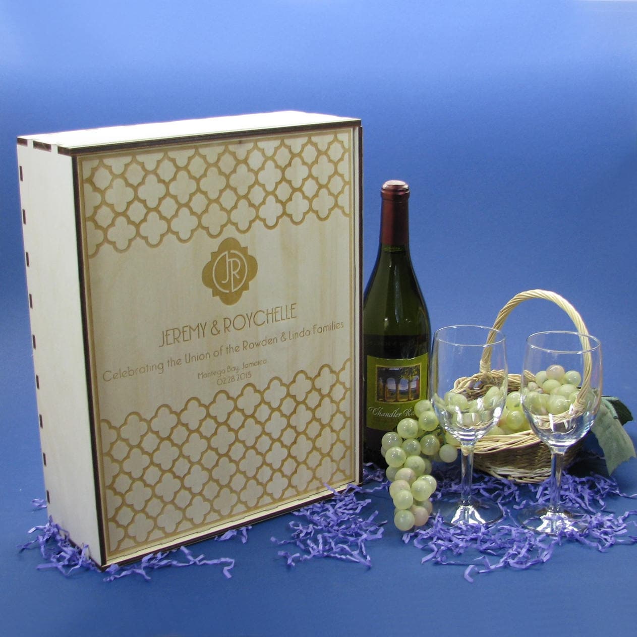 Wood Wine Gift Box Set with 2 Crystal Wine Glasses Personalized by You