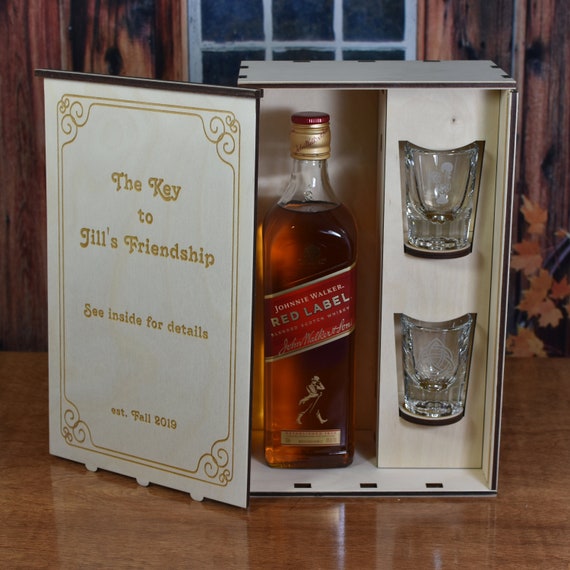 Personalized Wood Whiskey Gift Box with 2 Personalized Glasses of Your Choice