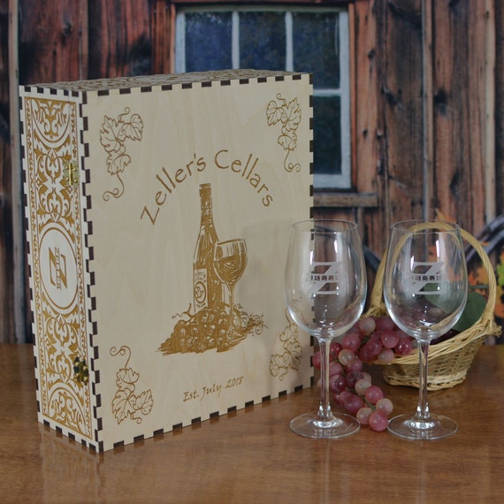 Personalized Wood Wine Box Set with 2 Custom Crystal Wine Glasses