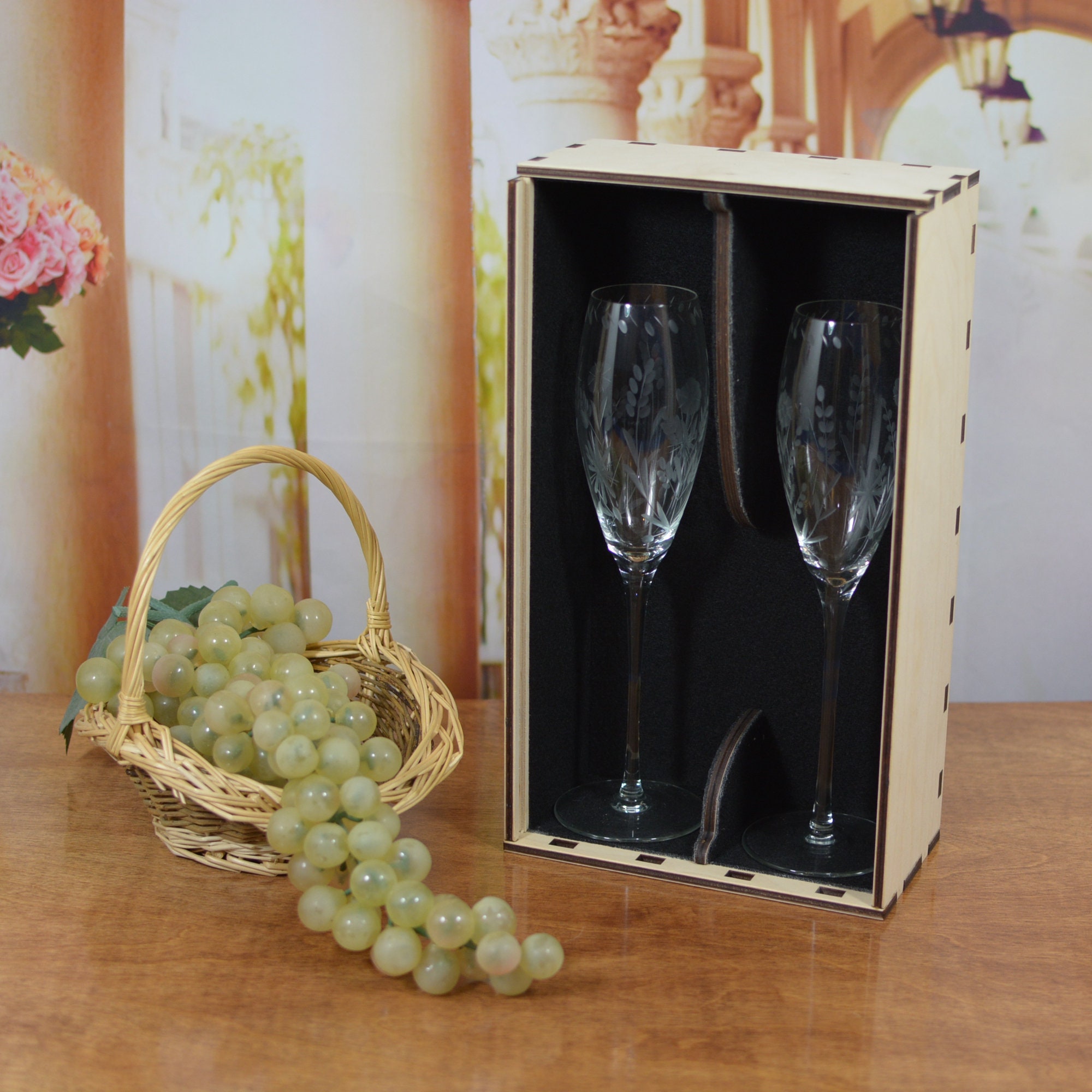 Personalized Wood Wedding Champagne Flute Gift Box with 2 Custom Etched Crystal Flutes