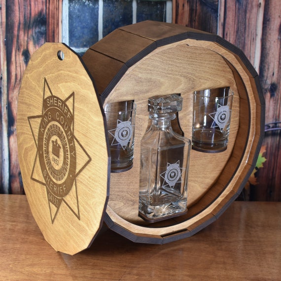 Whiskey Spirits Liquor Gift Barrel with Personalized Decanter and Drink Glasses