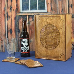 Custom Engraved Wood Beer Gift Box With Custom Etched Glass and 4 ...