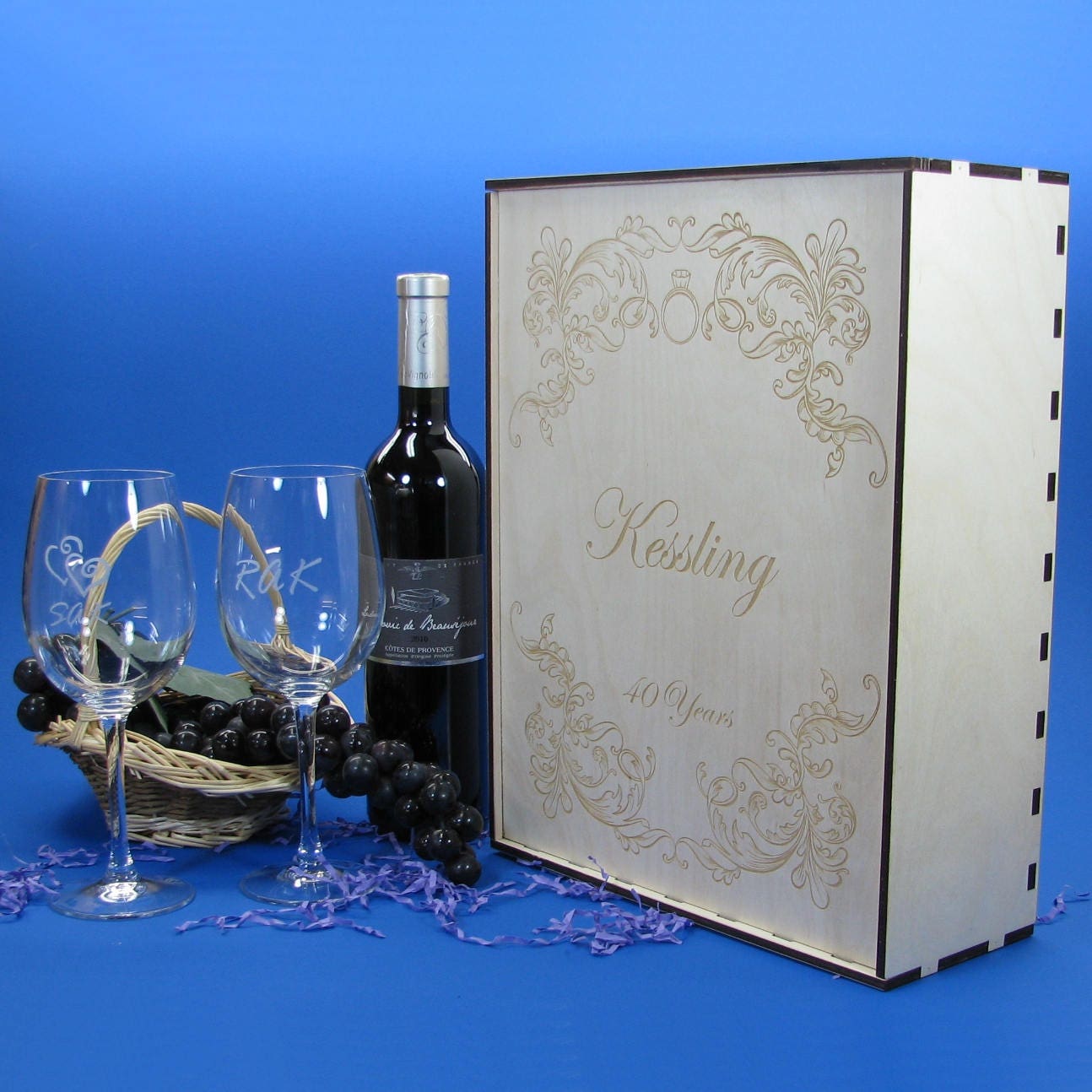 Wood Wine Gift Box Set with 2 Crystal Wine Glasses Personalized by You ...
