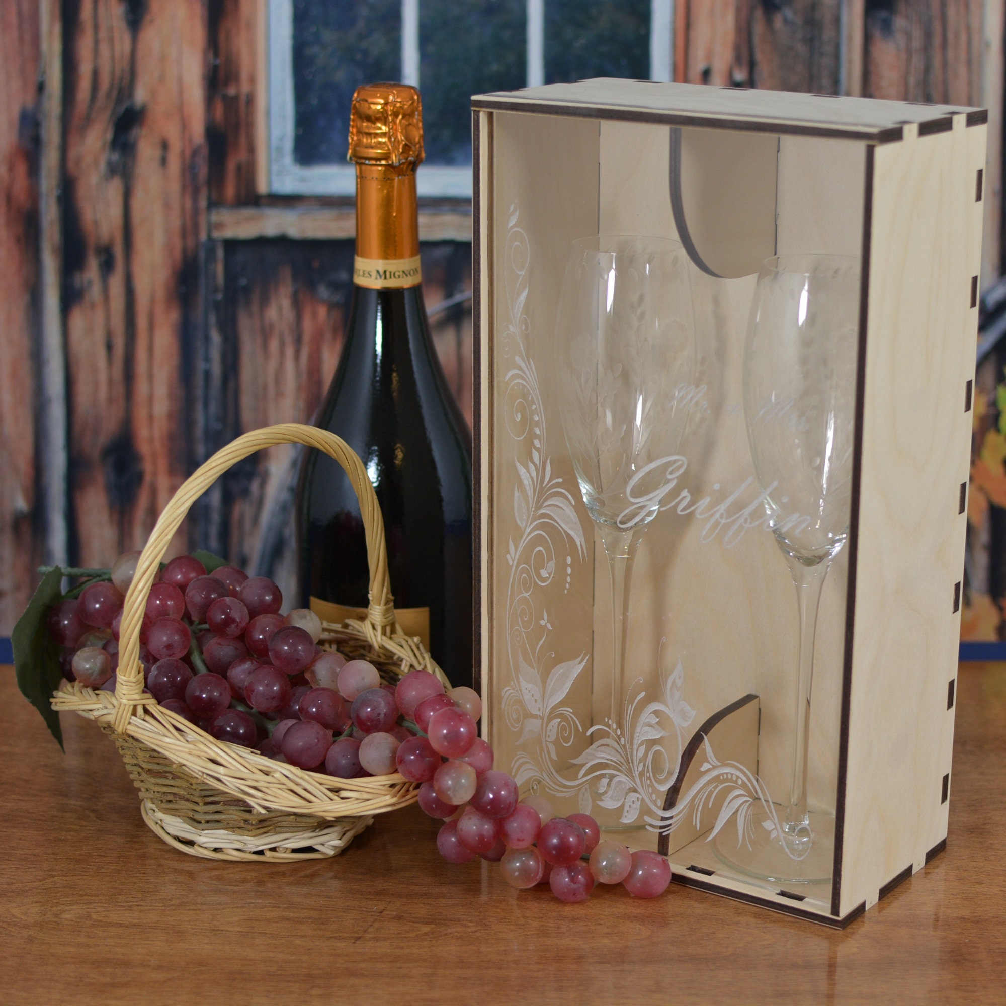 Enrgraved Champagne Flute Gift Box with Acrylic Front ...