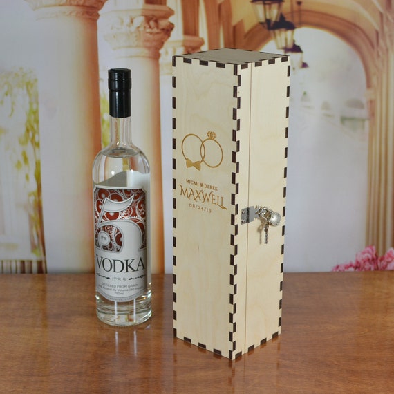 Personalized Ceremony Wood Spirits Gift Box Custom Fit to Your Liquor Bottle for the Wedding Couple. Includes Mini Padlock & Keys.