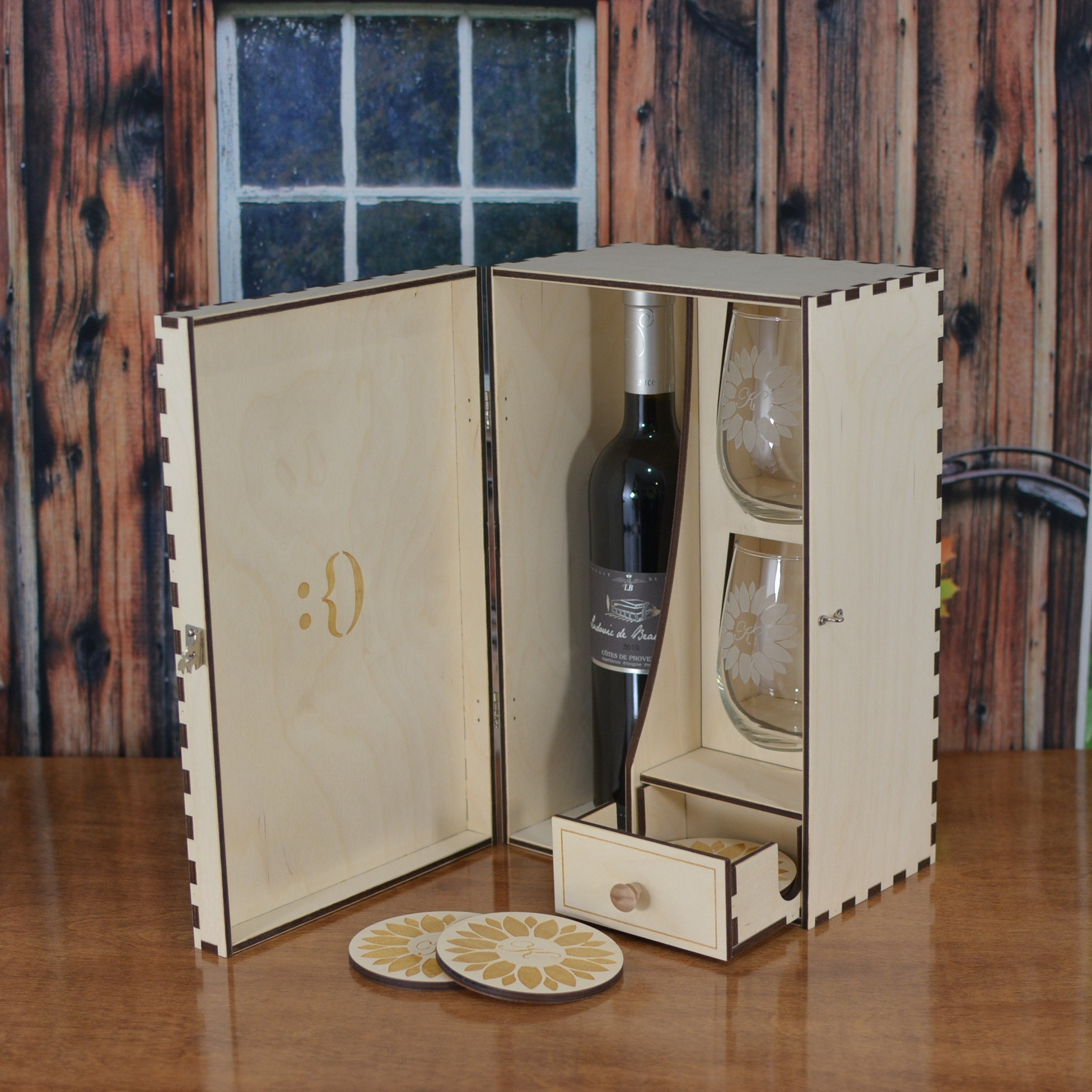 Personalized Wine Box with 2 Personalized Stemless Wine Glasses and 4