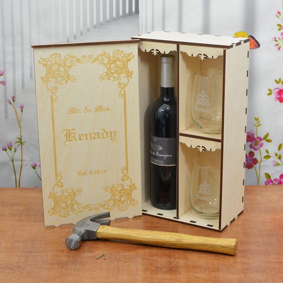 Personalized Wedding Ceremony Wine Box with 2 Stemless Wine Glasses