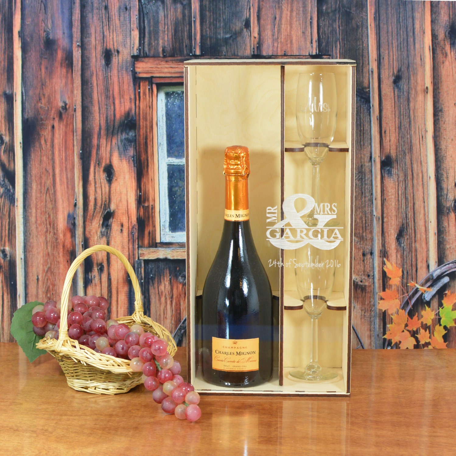 Champagne Gift Box with 2 Etched Flutes With Clear Acrylic Front