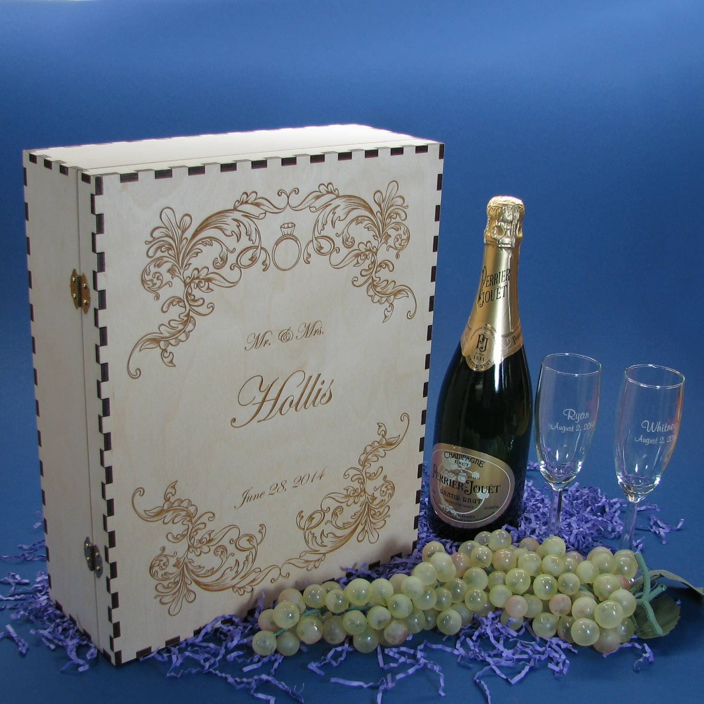 Champagne Gift Box Set with 2 Etched Crystal Flutes and 2 Keepsake