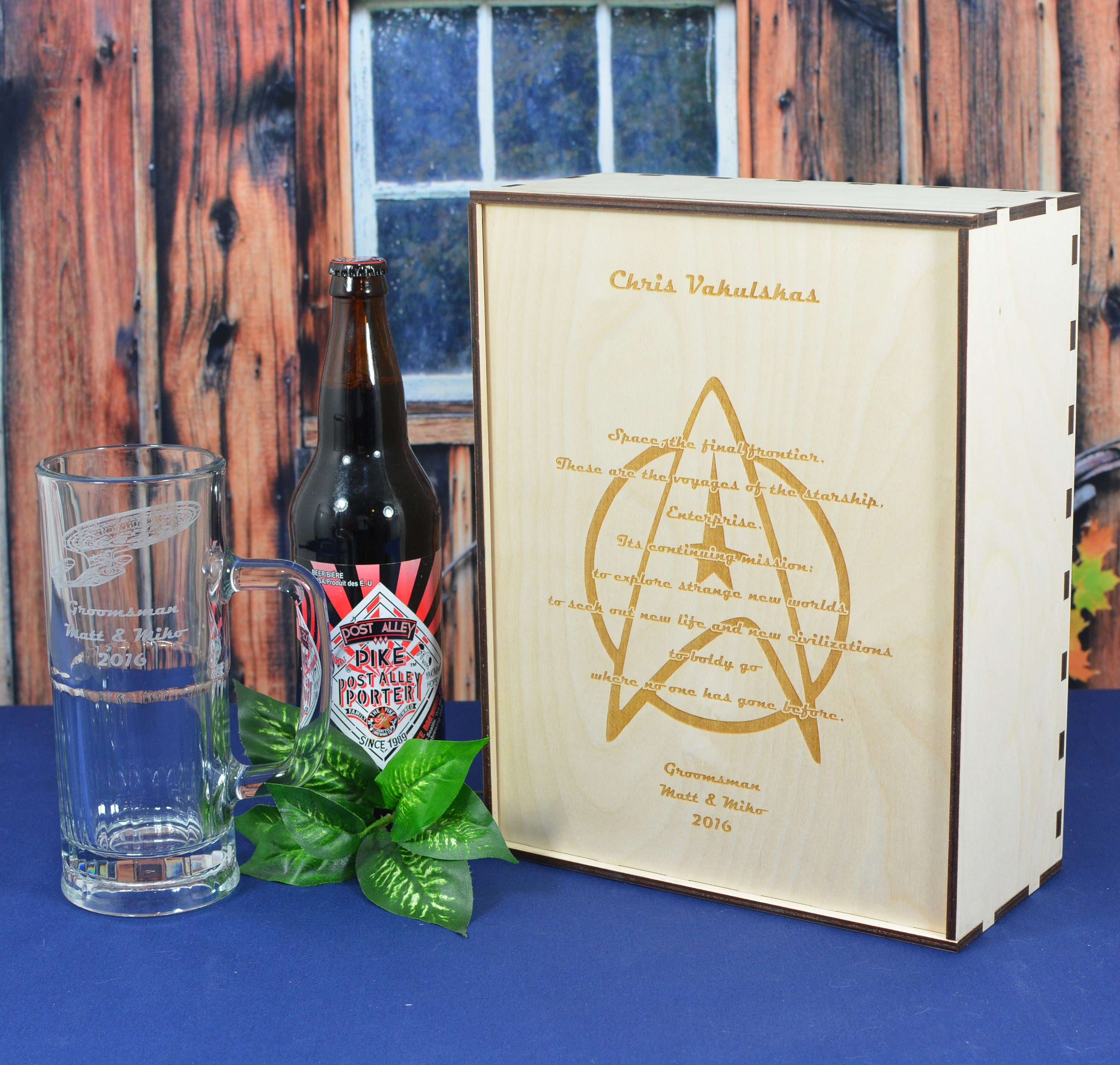 Engraved Wood Beer Gift Box with Your Choice of Etched Glassware