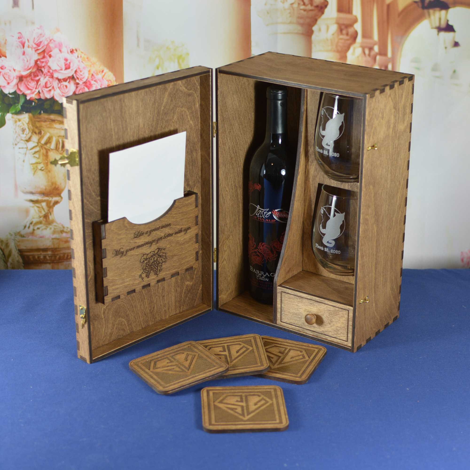 Personalized Wine Box with 2 Personalized Stemless Wine Glasses and 4