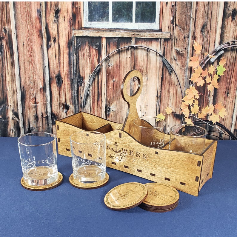 Glass Carrier with 4 Personalized Stemless Wine or Whiskey Etsy