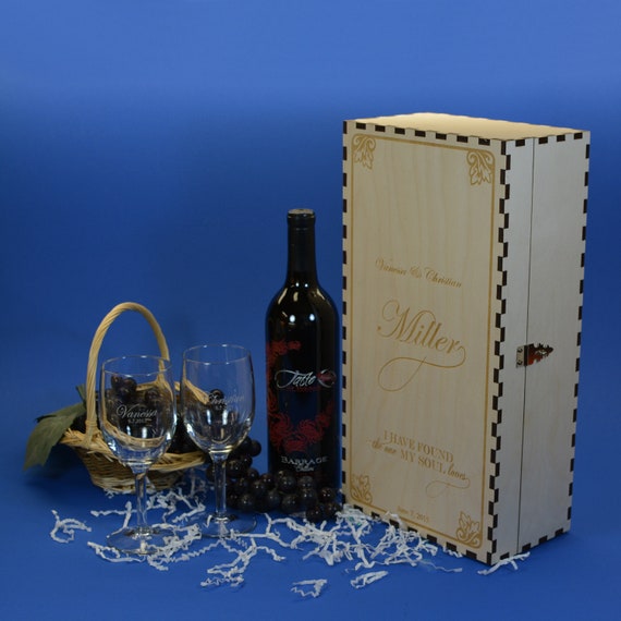 Personalized Wood Wine Gift Box with 2 Personalized Etched Wine Glasses