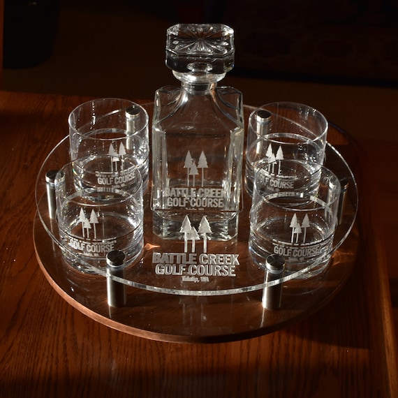 Personalized Lazy Susan Whiskey Drink Tray with Decanter and Your Choice of Glassware