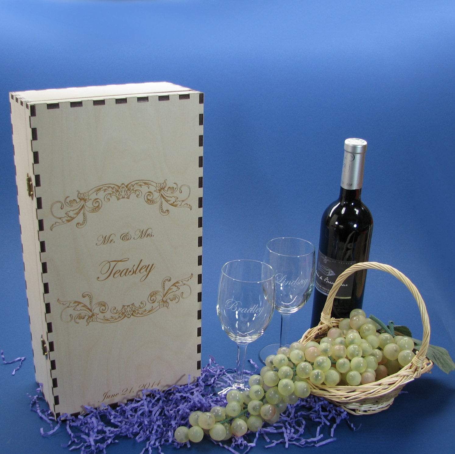 Personalized Wood Wine Gift Box with 2 Personalized Etched Wine Glasses