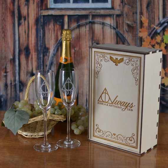 Personalized Wood Wedding Champagne Flute Gift Box with 2 Custom Etched Crystal Flutes