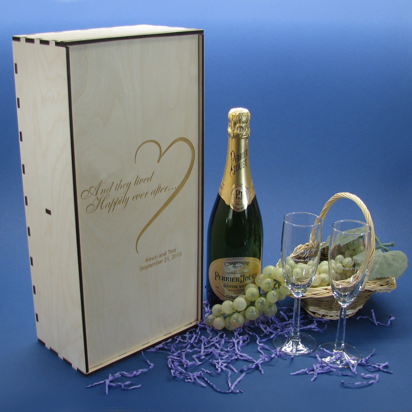 Wood Champagne Gift Box for a 750ml or 1.5L Bottle with 2 Custom Etched