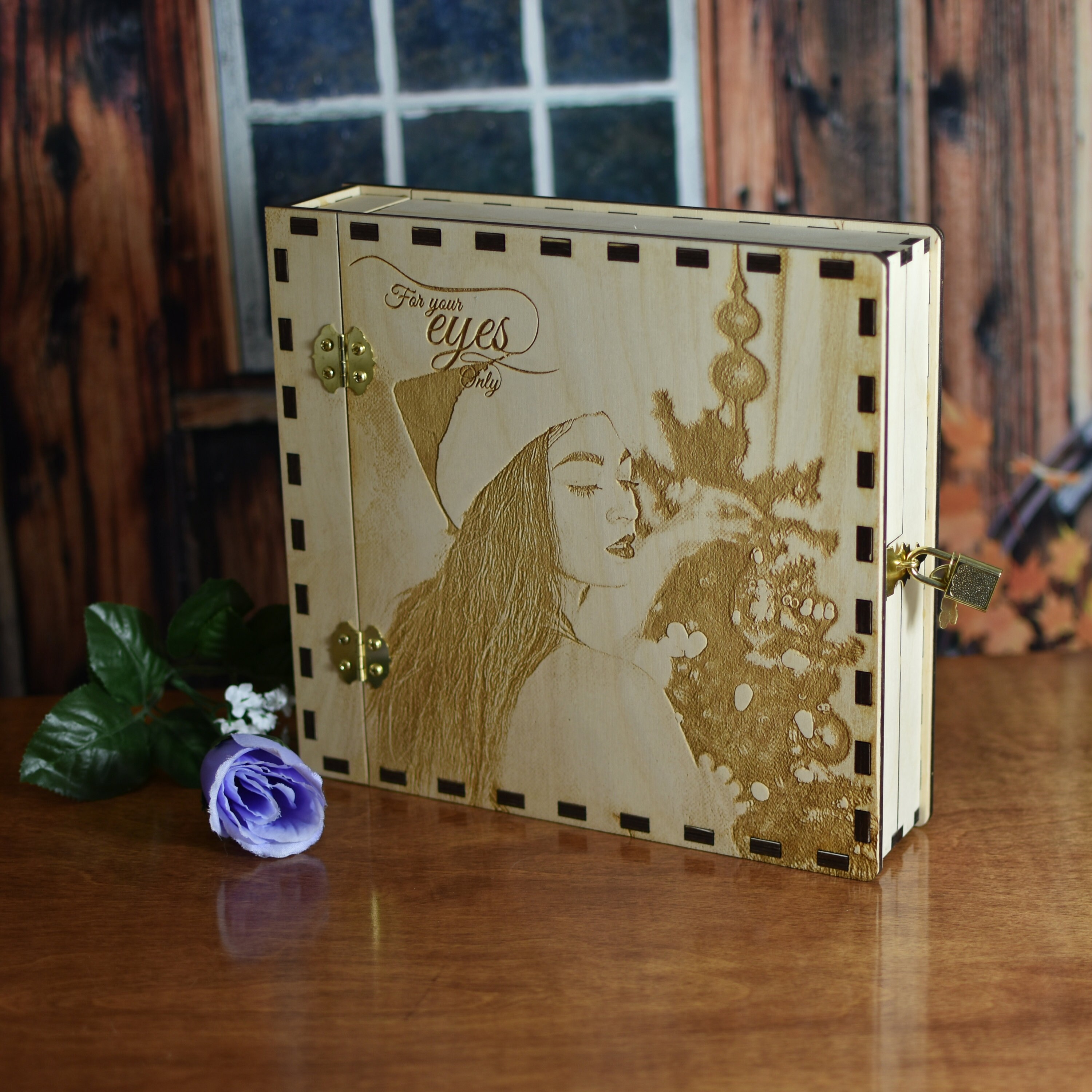 Personalized Wood Boudoir Album with Mini Padlock 8x8 for the Bride
