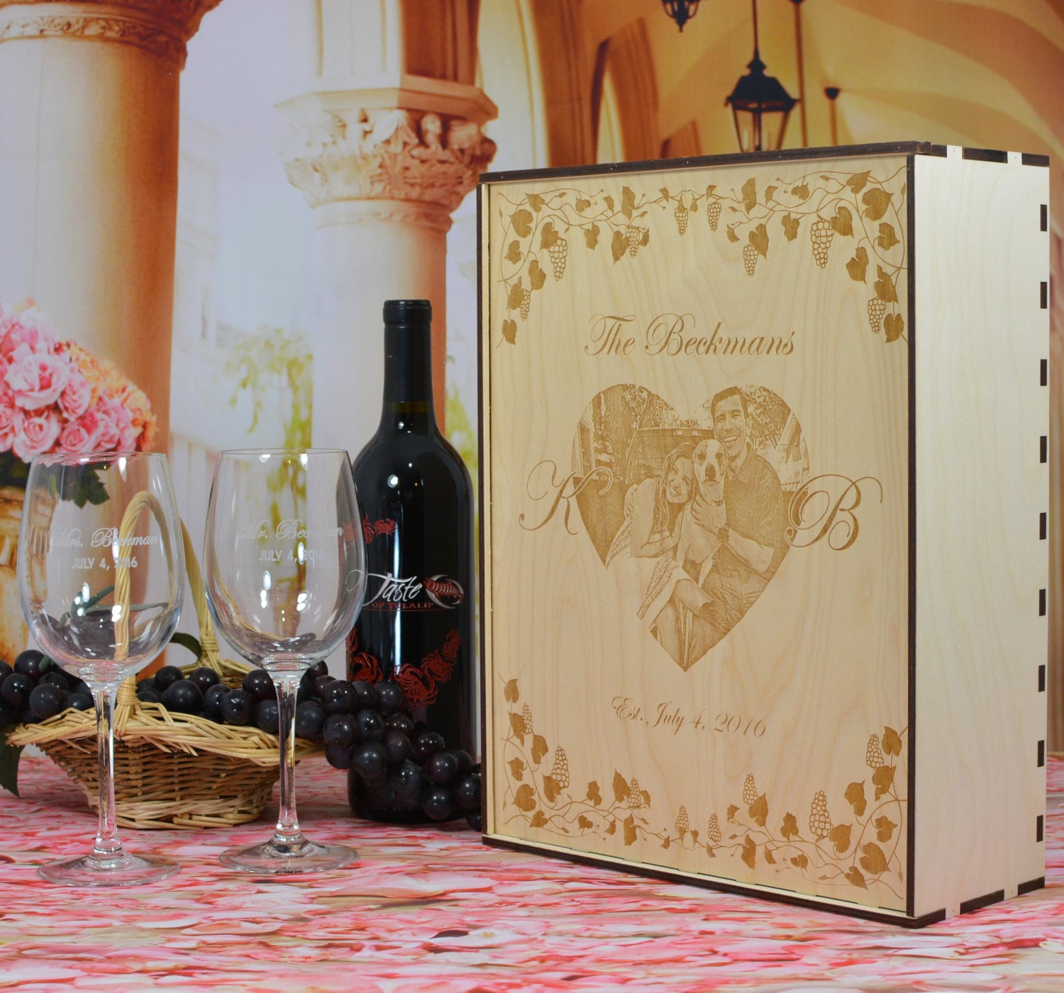 Etched Stemmed Wine Glasses Box Set, Personalized Gift Sets for Couples,  Etched Drinking Glasses With Optional Engraved Box, Design: N8 