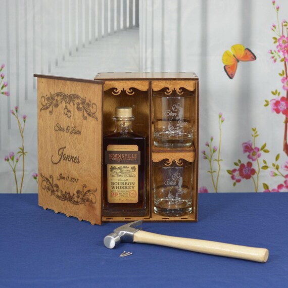 Personalized Wedding Ceremony Liquor Spirits Box with 2 Custom Etched Tumblers