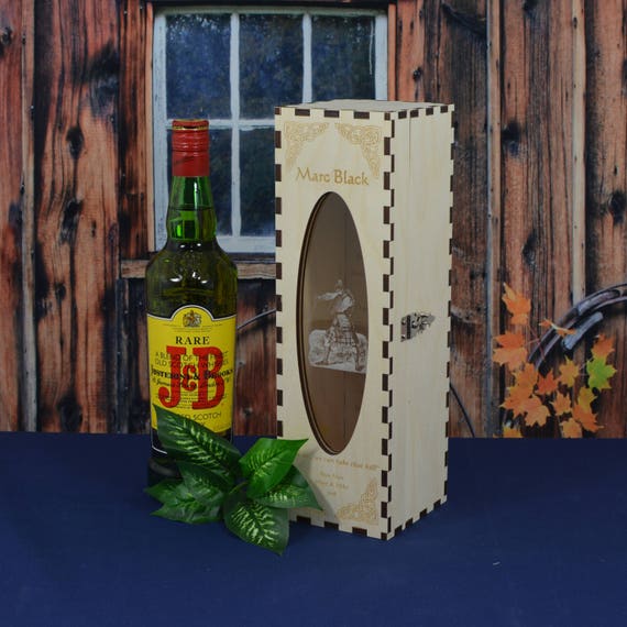 Personalized Single Bottle Wood Spirits Gift Box or Liquor Caddy With Clear Front Window