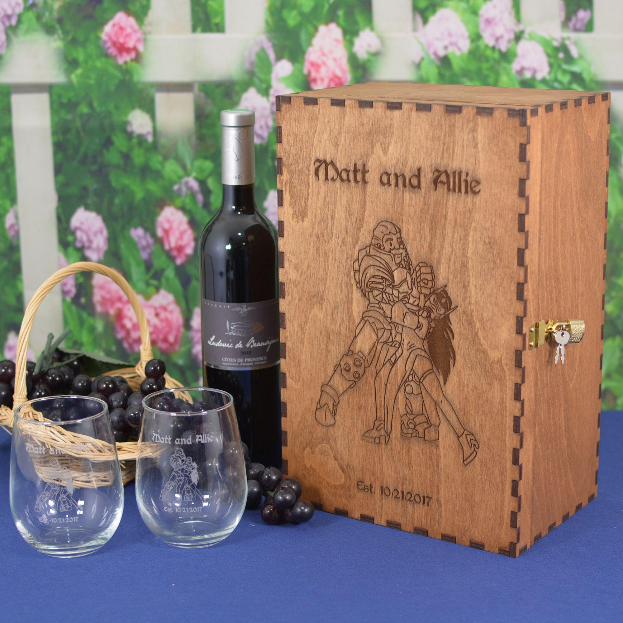 Personalized Wedding Ceremony Wine Box with Padlock & Keys with 2 Personalized Stemless Wine