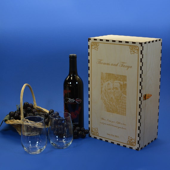 Personalized  Wine Box with 2 Personalized Stemless Wine Glasses