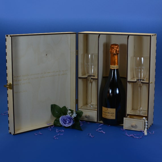 Elegant Wood Champagne Gift Box with 2 Etched Crystal Flutes and 2 Keepsake Drawers Personalized by you