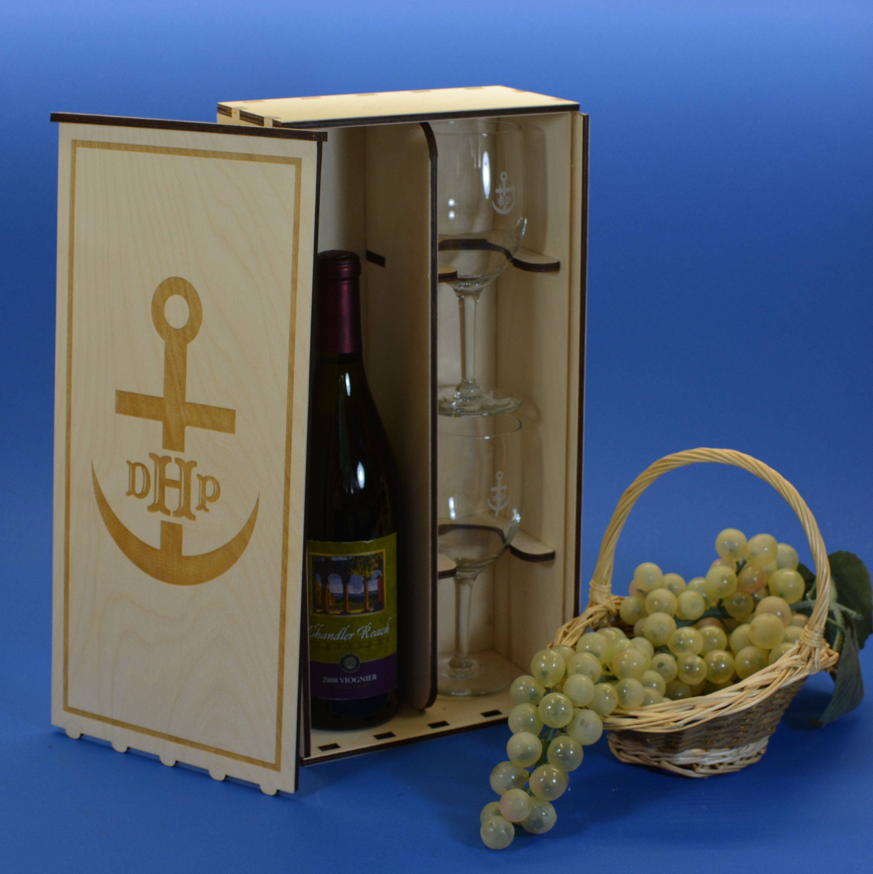 Personalized Wedding Wine Gift Box Set with 2 Custom Etched Wine Glasses