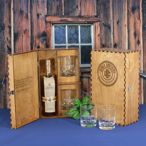Personalized Spirits Whiskey Liquor Box with 2 Custom Etched Drink Glasses to Enhance Your Bottle of Spirits
