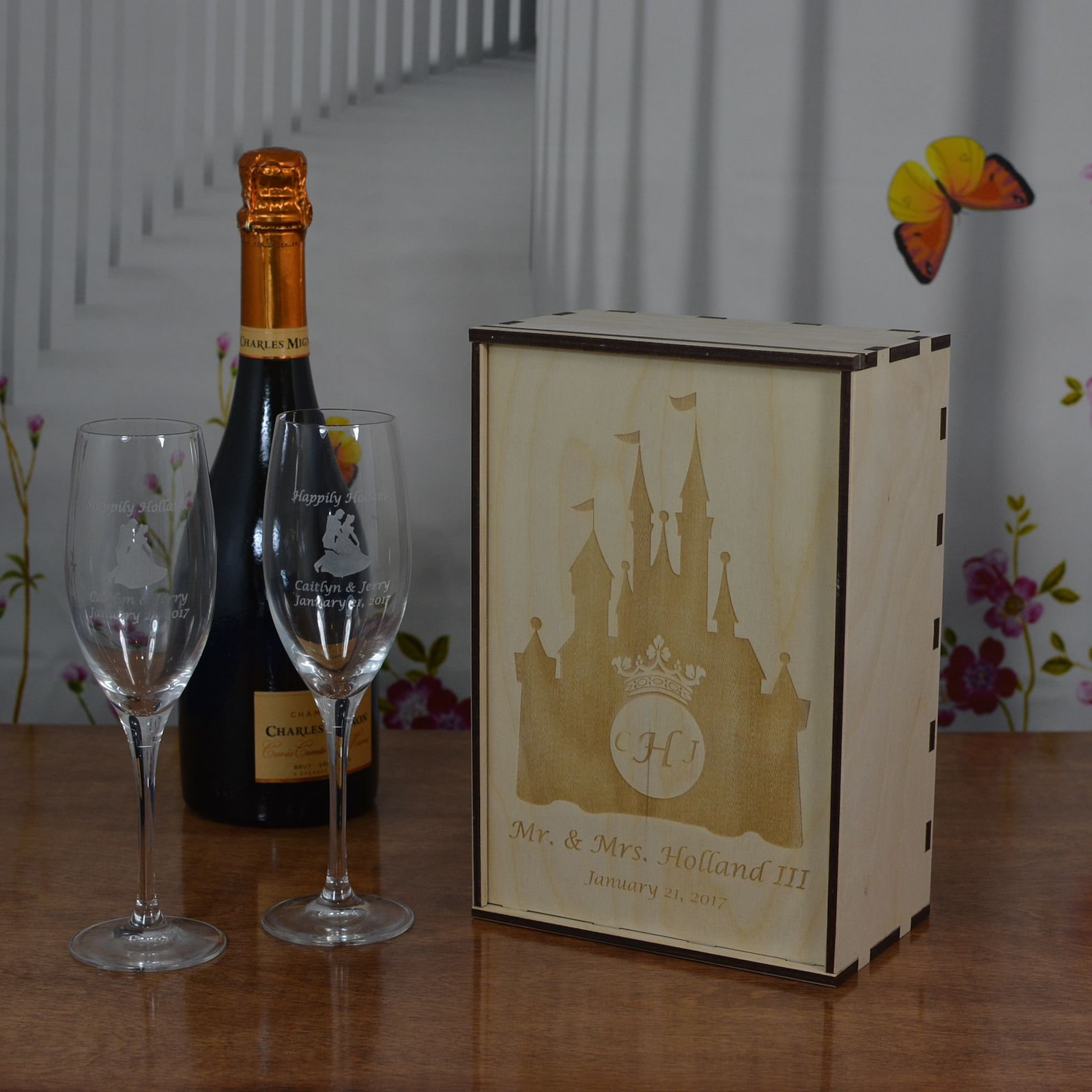 Personalized Wood Champagne Flute Gift Box With 2 Custom Etsy