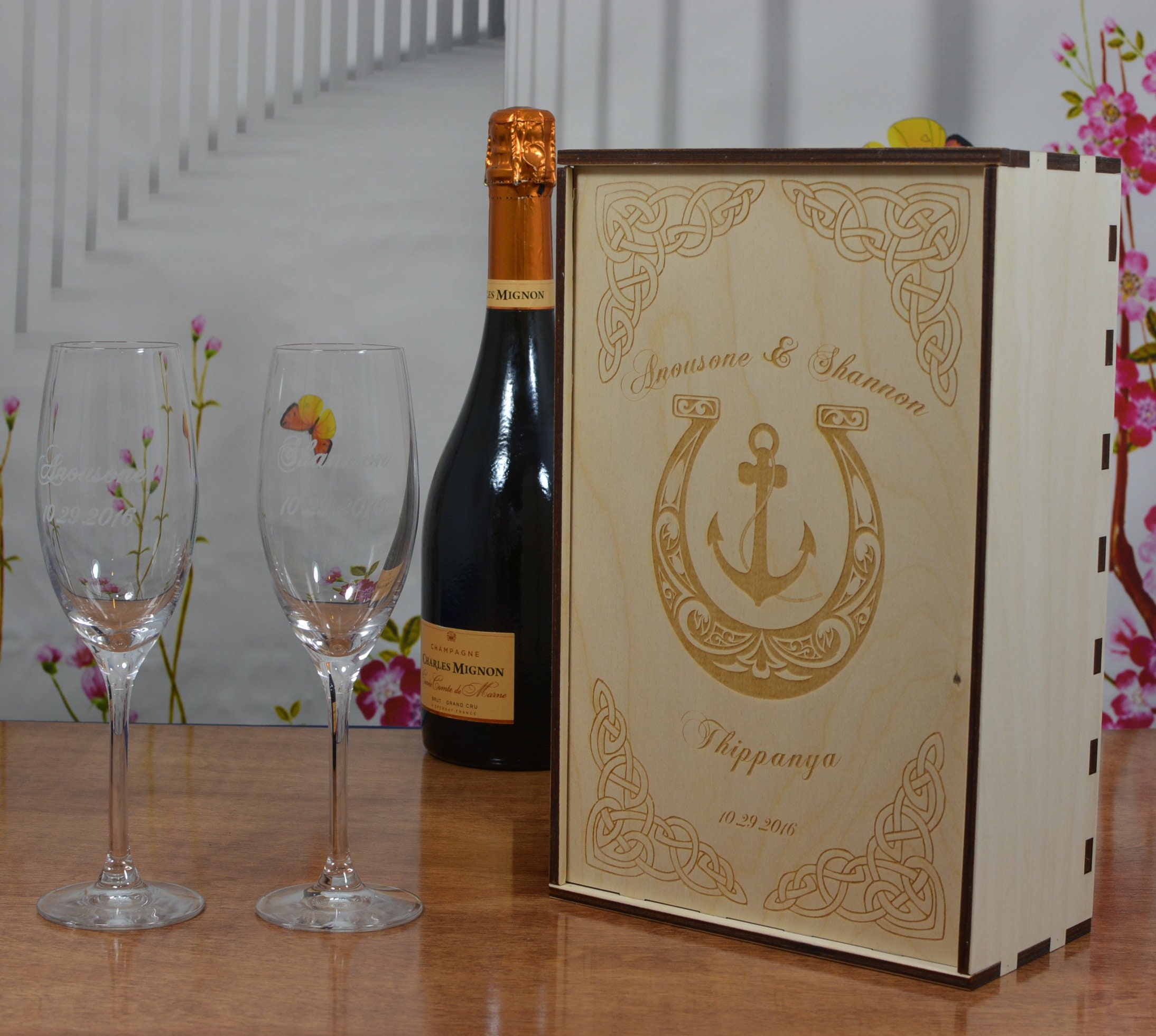 Personalized Wood Champagne Flute Gift Box with 2 Custom Etched Crystal