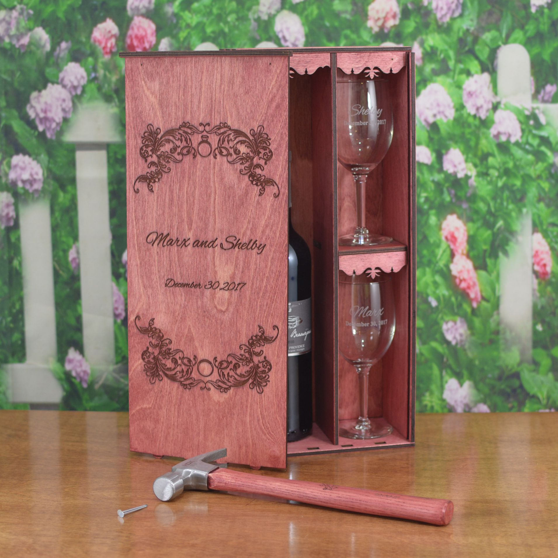 Personalized Wedding Ceremony Wine Box with 2 Custom Glasses