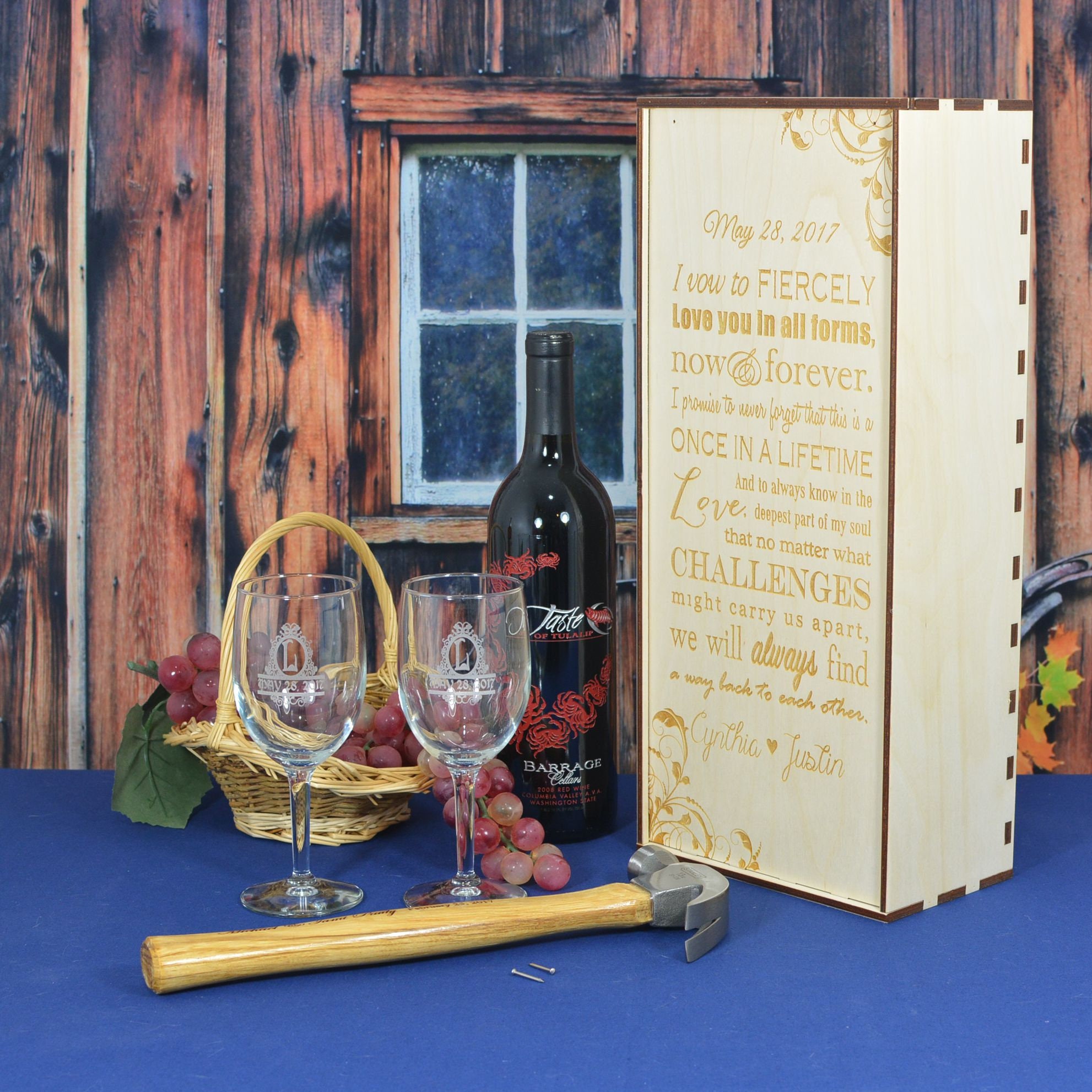 Personalized Wedding Ceremony Wine Box with 2 Custom Glasses