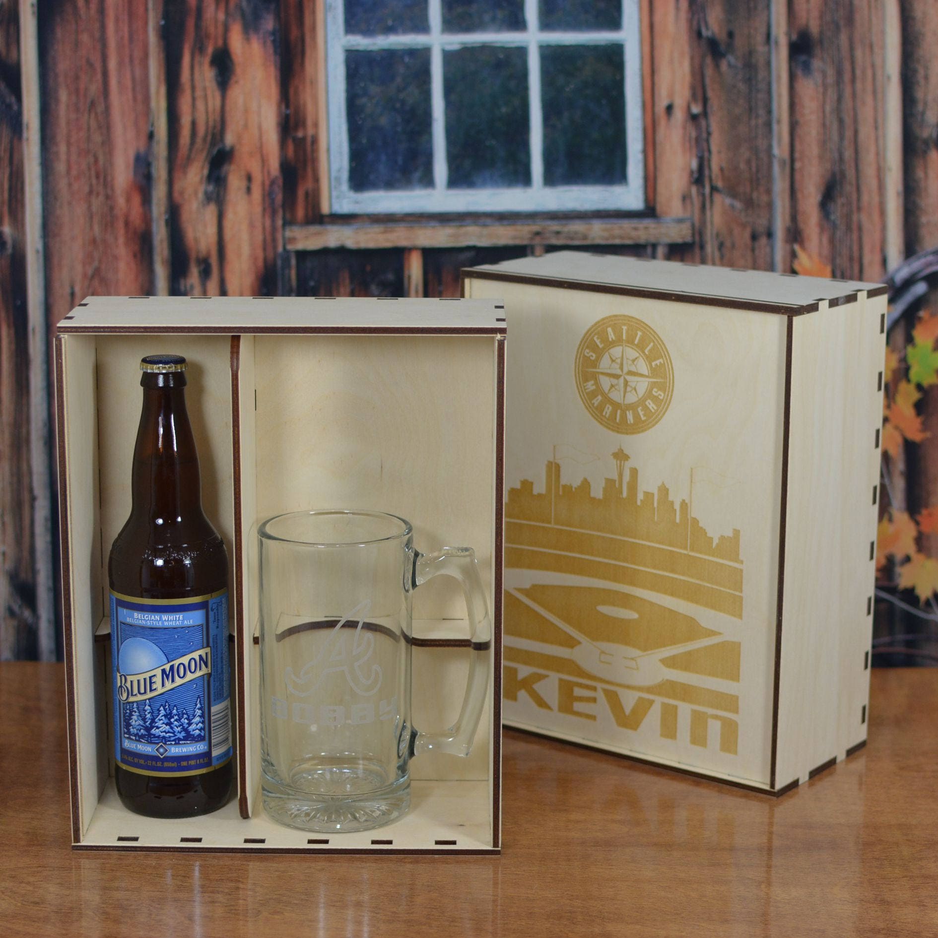 Engraved Wood Beer Gift Box with Your Choice of Etched Glassware
